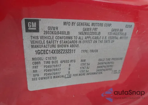 2008 Chevrolet Silverado 1500 Work Truck from USA, damaged, VIN 1GCEC14X08Z232311